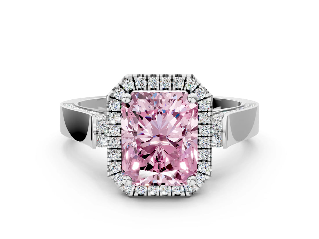 White gold Fancy Pink Radiant Cut Halo Round Diamond Twist Band with Four-Prong Setting_30