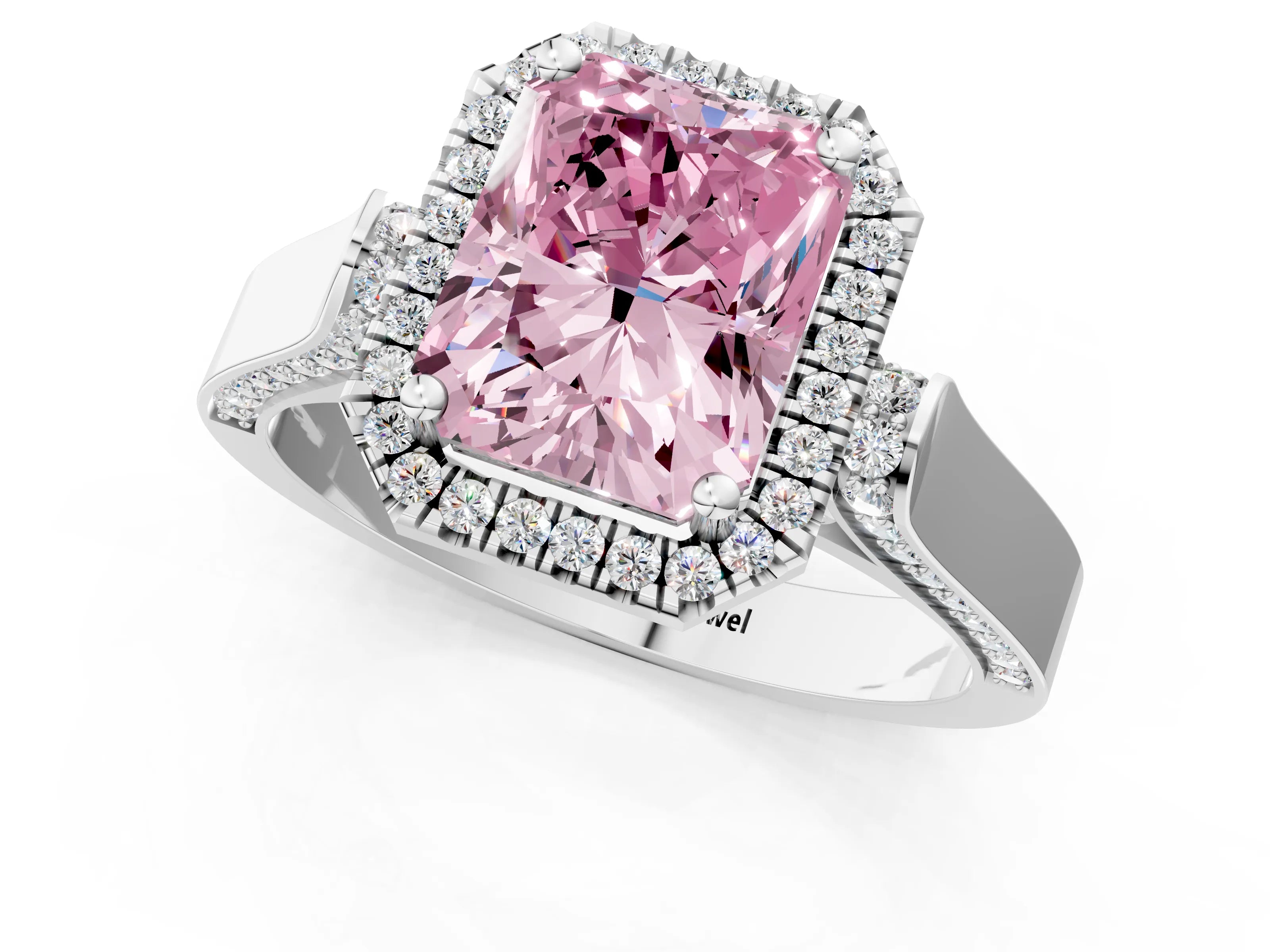 White gold Fancy Pink Radiant Cut Halo Round Diamond Twist Band with Four-Prong Setting_31