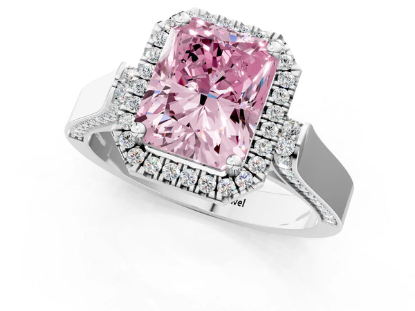 Platinum Fancy Pink Radiant Cut Halo Round Diamond Twist Band with Four-Prong Setting