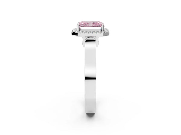 Platinum Fancy Pink Radiant Cut Halo Round Diamond Twist Band with Four-Prong Setting