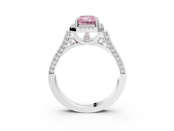 Platinum Fancy Pink Radiant Cut Halo Round Diamond Twist Band with Four-Prong Setting