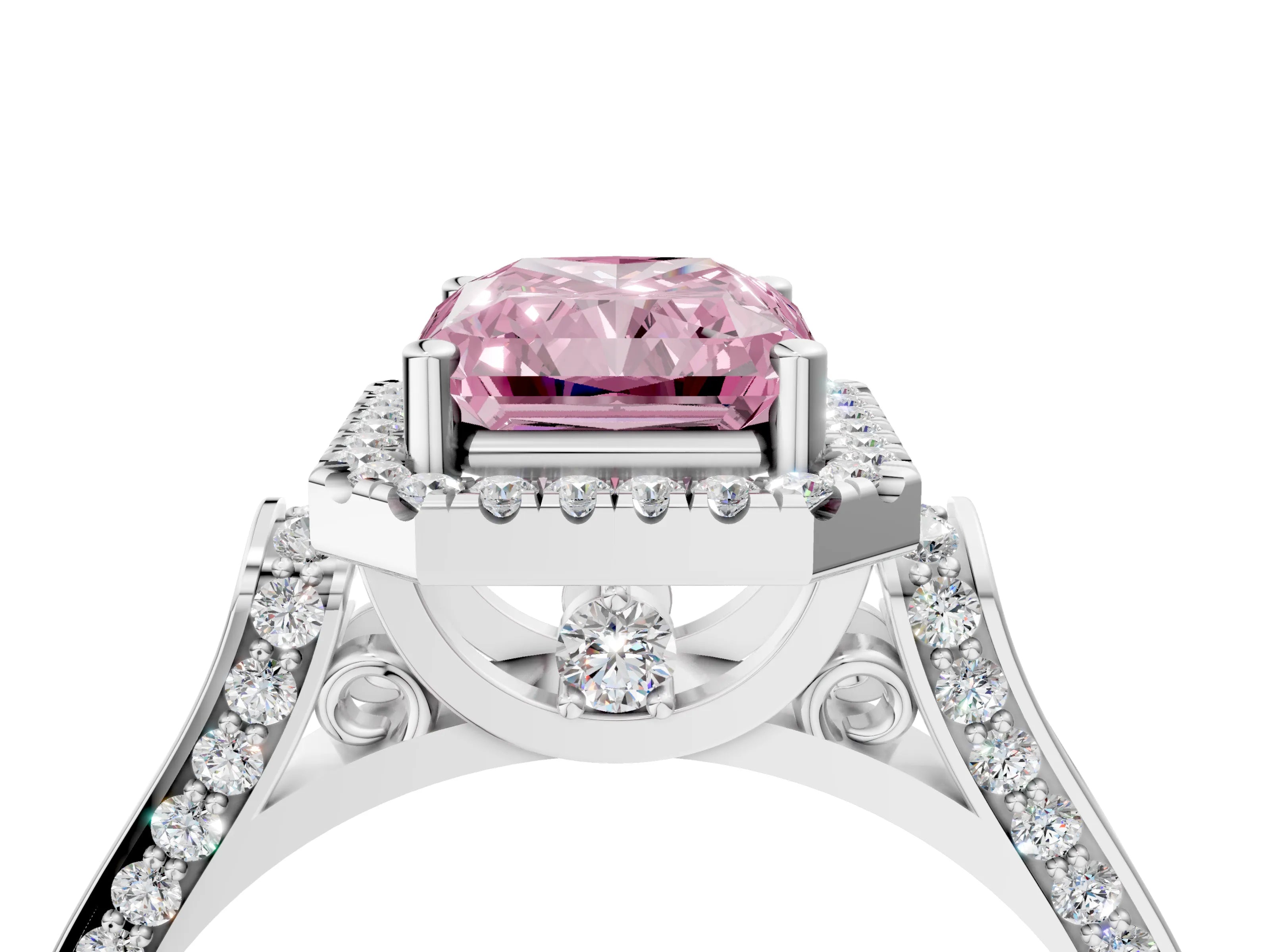 White gold Fancy Pink Radiant Cut Halo Round Diamond Twist Band with Four-Prong Setting_34
