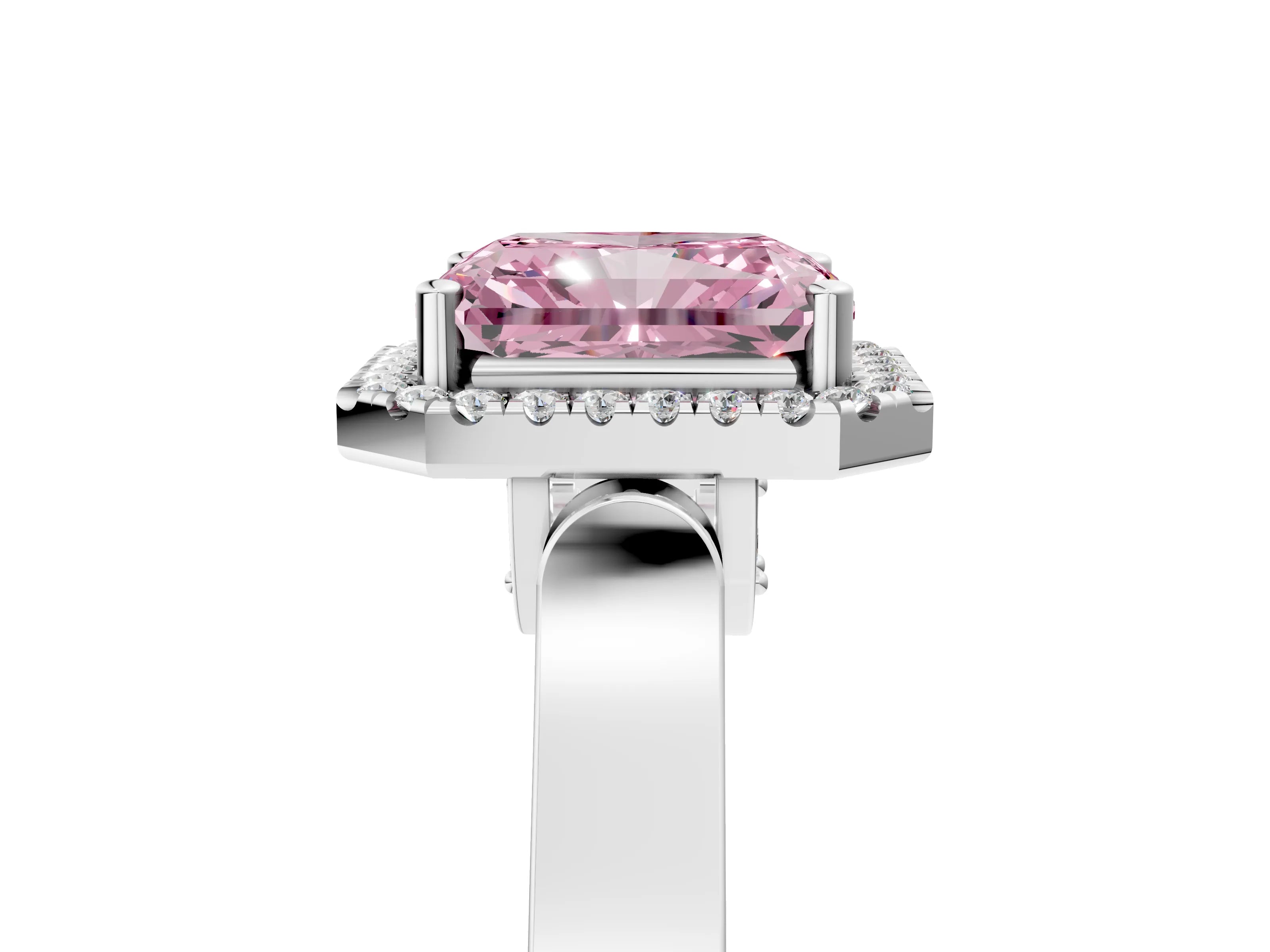 White gold Fancy Pink Radiant Cut Halo Round Diamond Twist Band with Four-Prong Setting_35