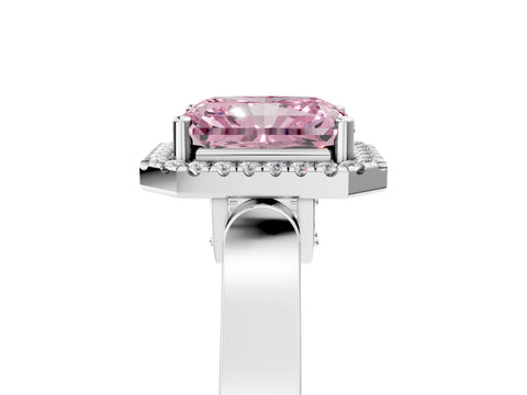 White gold Fancy Pink Radiant Cut Halo Round Diamond Twist Band with Four-Prong Setting_35