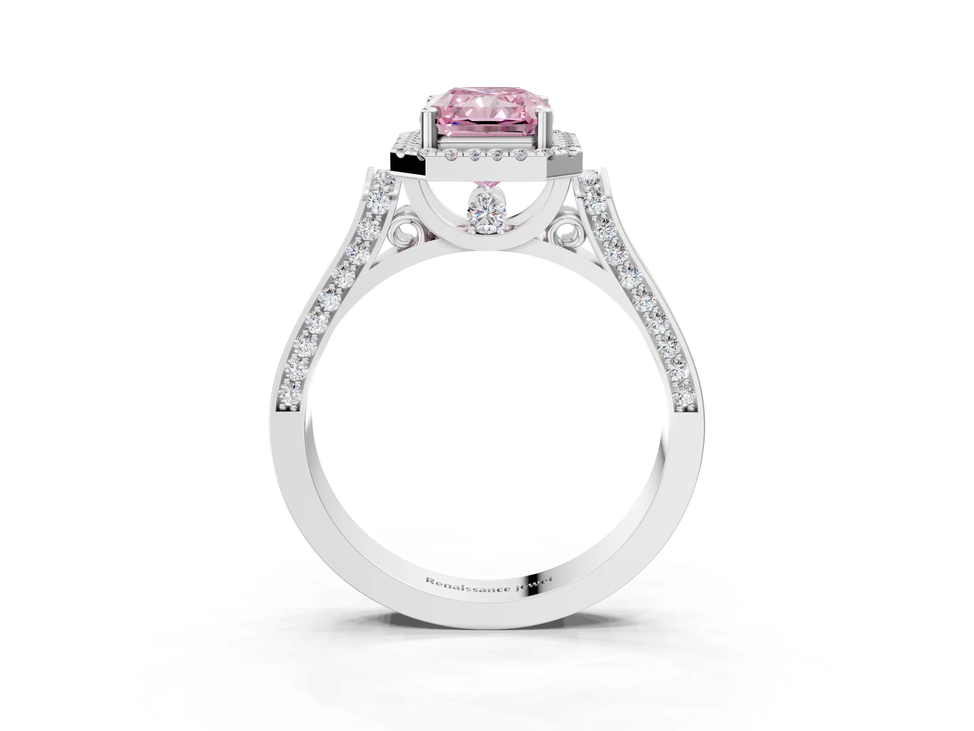 White gold Fancy Pink Radiant Cut Halo Round Diamond Twist Band with Four-Prong Setting_3
