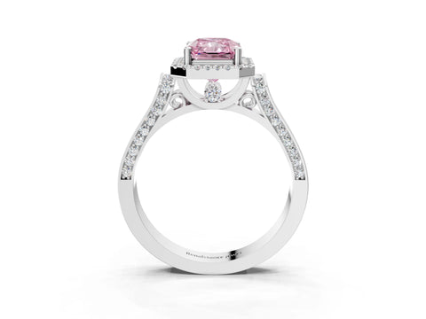 White gold Fancy Pink Radiant Cut Halo Round Diamond Twist Band with Four-Prong Setting_3