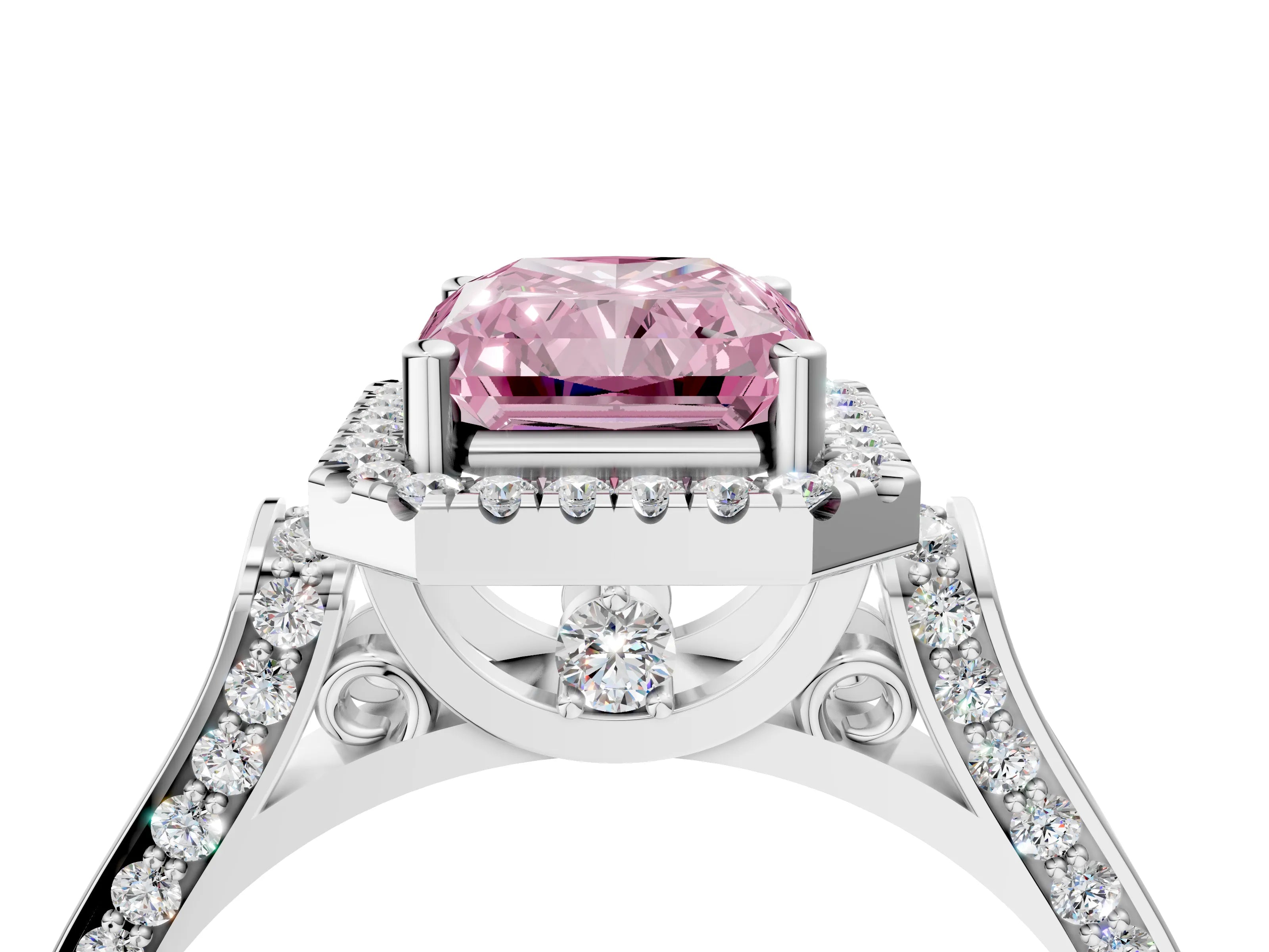 White gold Fancy Pink Radiant Cut Halo Round Diamond Twist Band with Four-Prong Setting_4