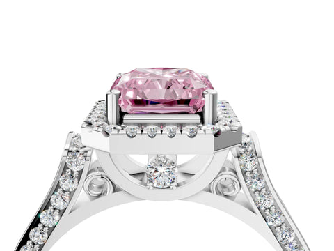 White gold Fancy Pink Radiant Cut Halo Round Diamond Twist Band with Four-Prong Setting_4