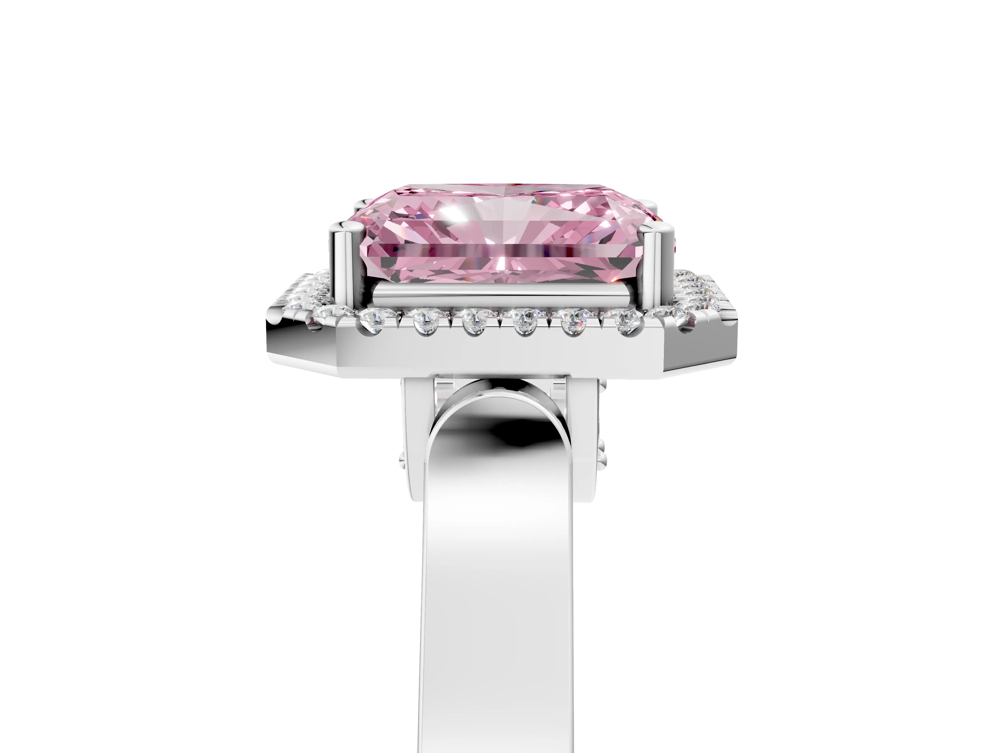 White gold Fancy Pink Radiant Cut Halo Round Diamond Twist Band with Four-Prong Setting_5