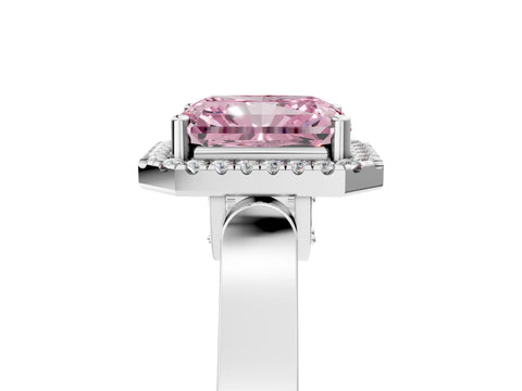 White gold Fancy Pink Radiant Cut Halo Round Diamond Twist Band with Four-Prong Setting_5
