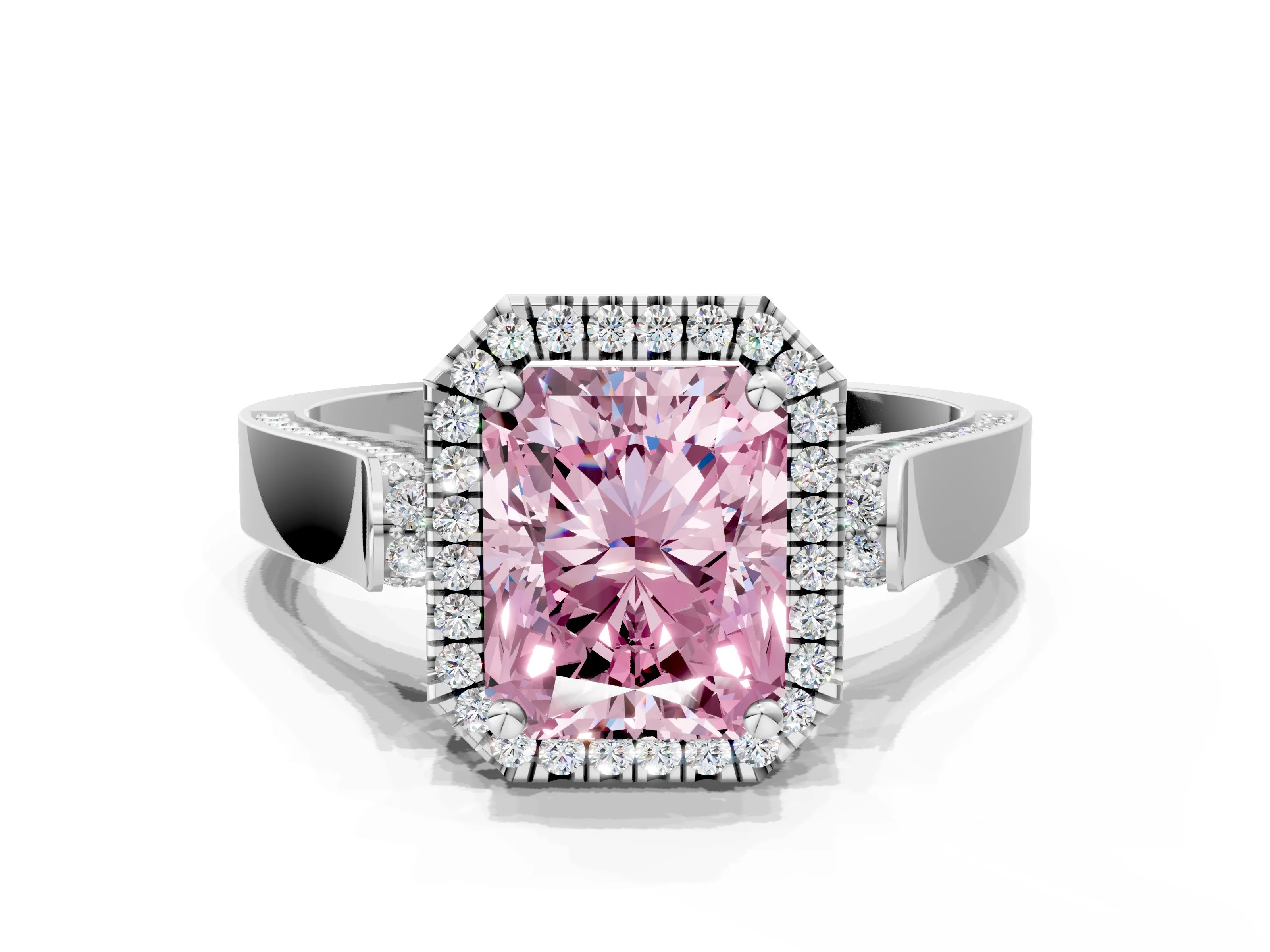White gold Fancy Pink Radiant Cut Halo Round Diamond Twist Band with Four-Prong Setting