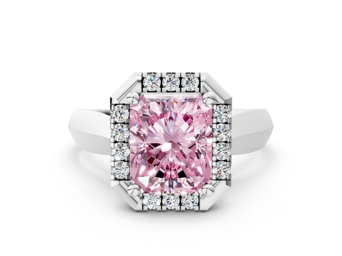 White gold Fancy Pink Radiant  Cut Halo Solitaire Engagement Ring with Square Band and Four-Prong Setting_18
