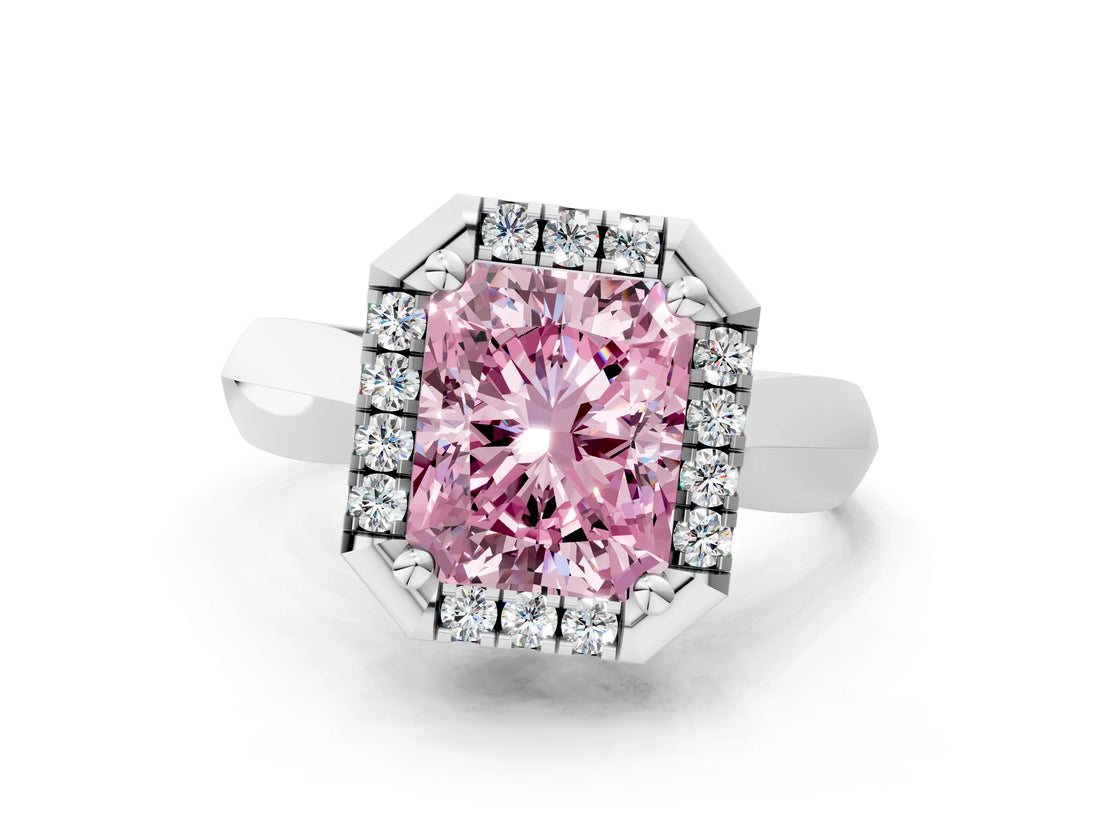 White gold Fancy Pink Radiant  Cut Halo Solitaire Engagement Ring with Square Band and Four-Prong Setting_227