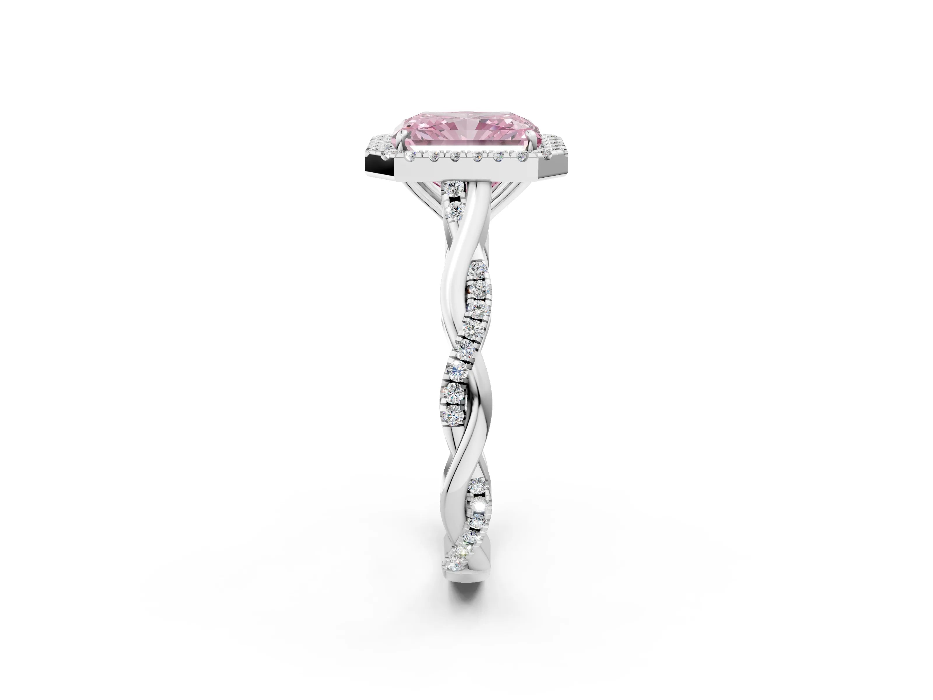 White gold Fancy Pink Radiant Cut Halo Twist Band with Four-Prong Setting_2