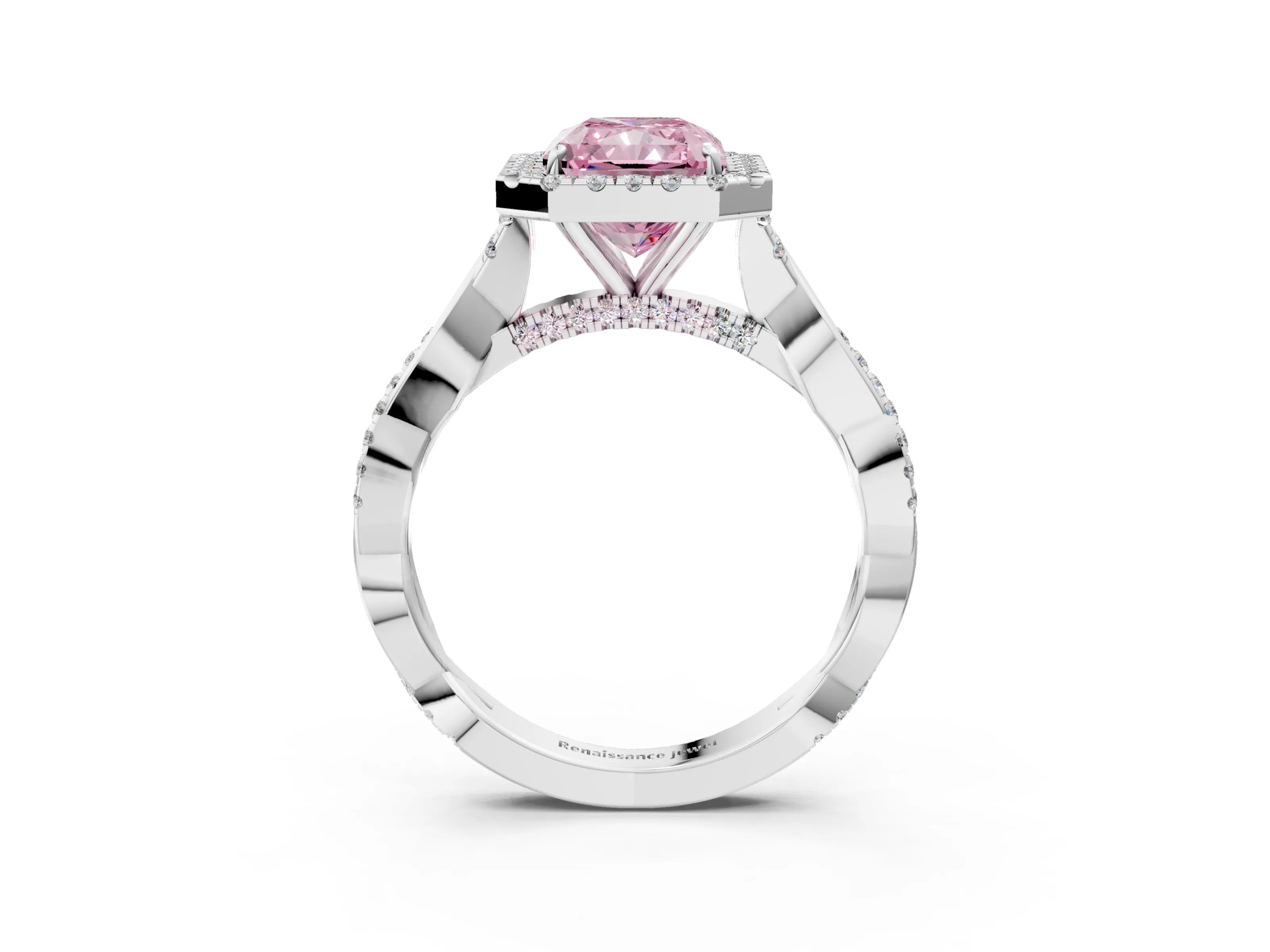 White gold Fancy Pink Radiant Cut Halo Twist Band with Four-Prong Setting_27