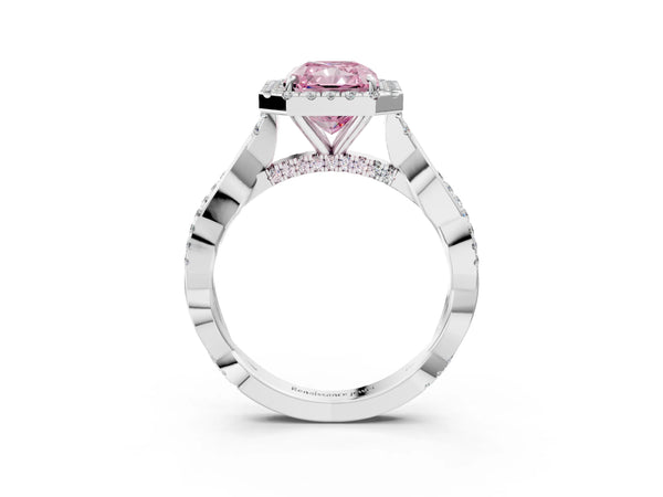 Platinum Fancy Pink Radiant Cut Halo Twist Band with Four-Prong Setting