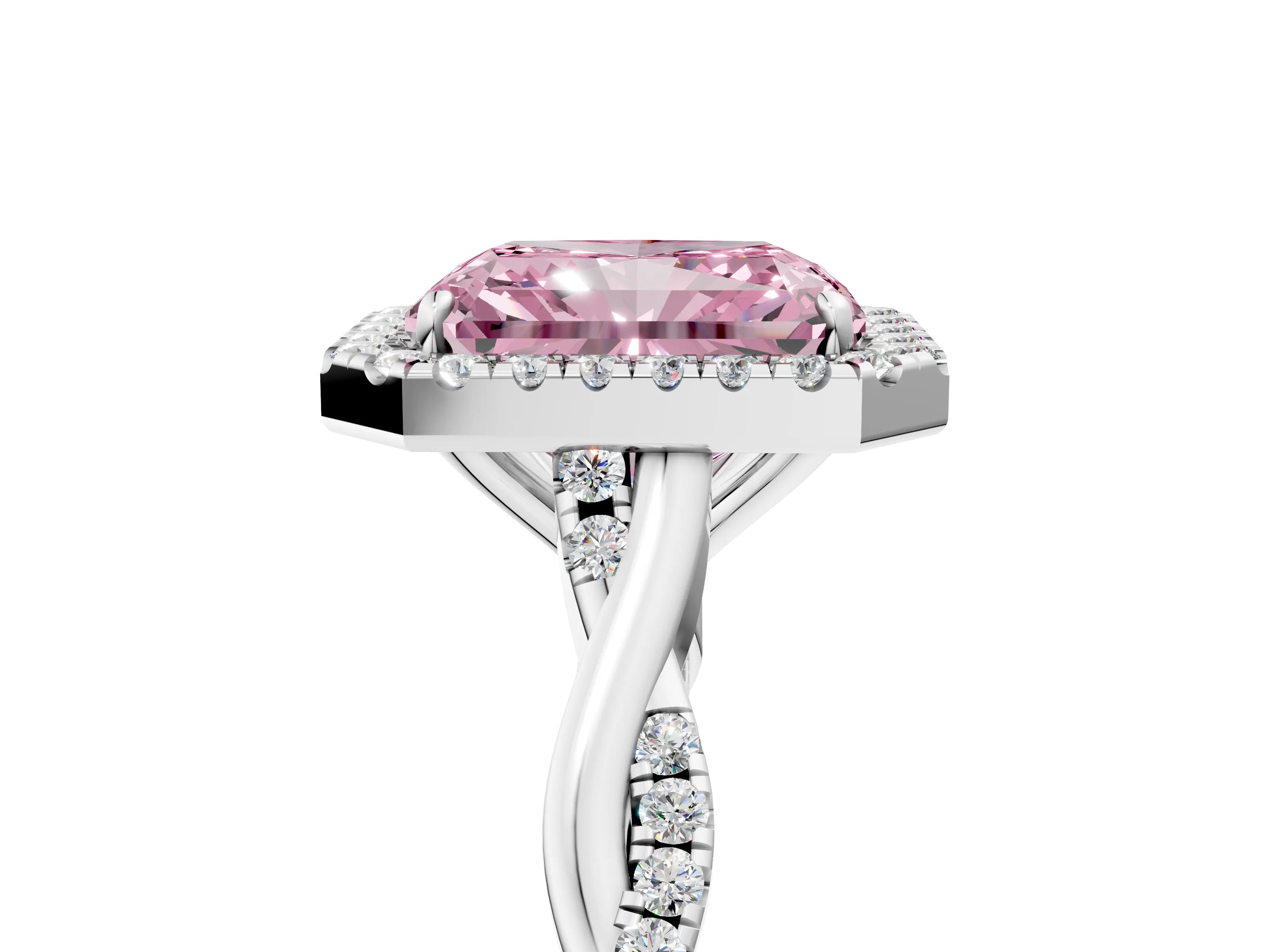 White gold Fancy Pink Radiant Cut Halo Twist Band with Four-Prong Setting_5