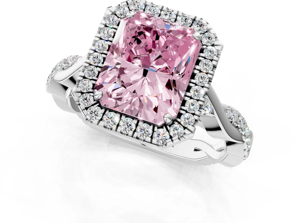 Platinum Fancy Pink Radiant Cut Halo Twist Band with Four-Prong Setting