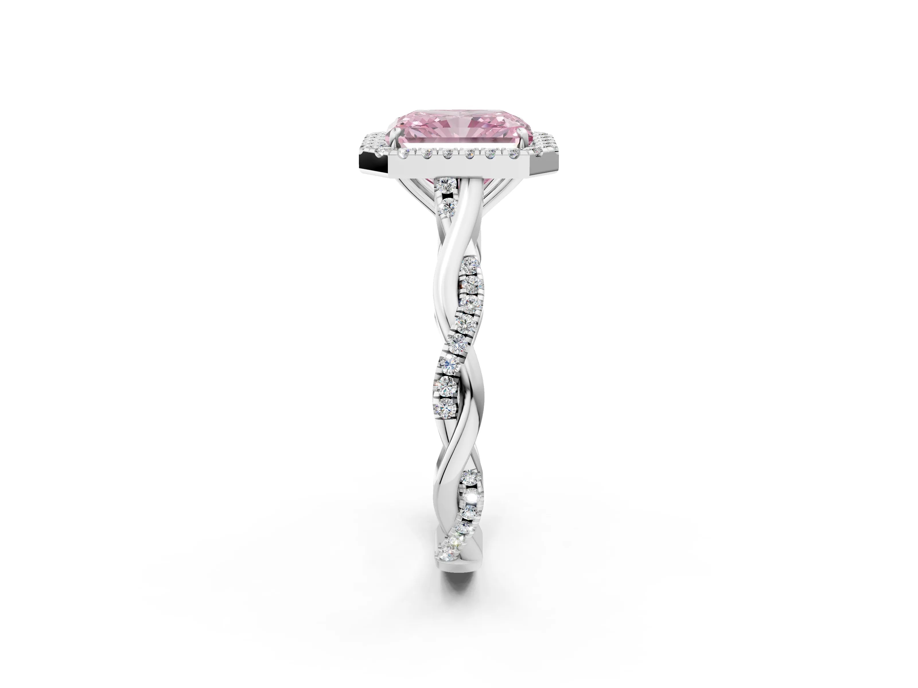 White gold Fancy Pink Radiant Cut Halo Twist Band with Four-Prong Setting_74
