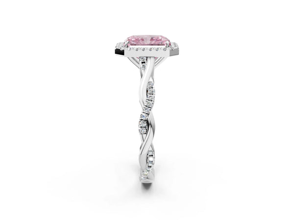 Platinum Fancy Pink Radiant Cut Halo Twist Band with Four-Prong Setting