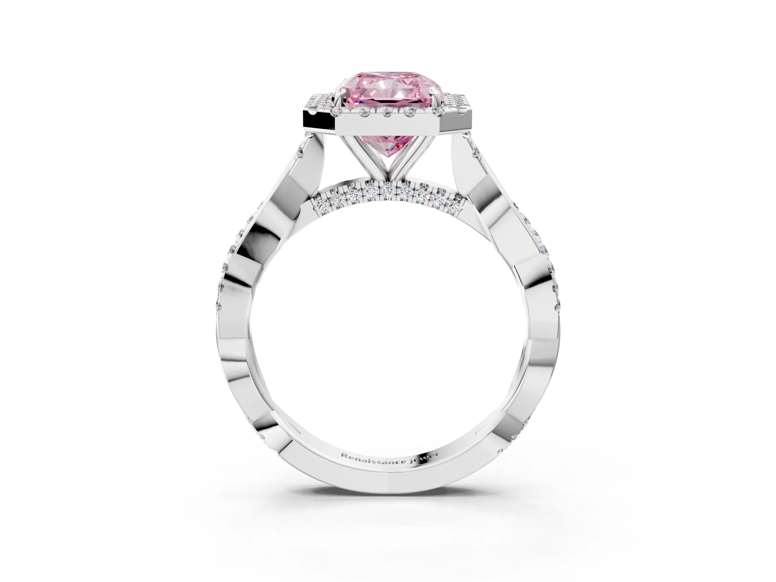 White gold Fancy Pink Radiant Cut Halo Twist Band with Four-Prong Setting_75