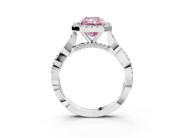 Platinum Fancy Pink Radiant Cut Halo Twist Band with Four-Prong Setting