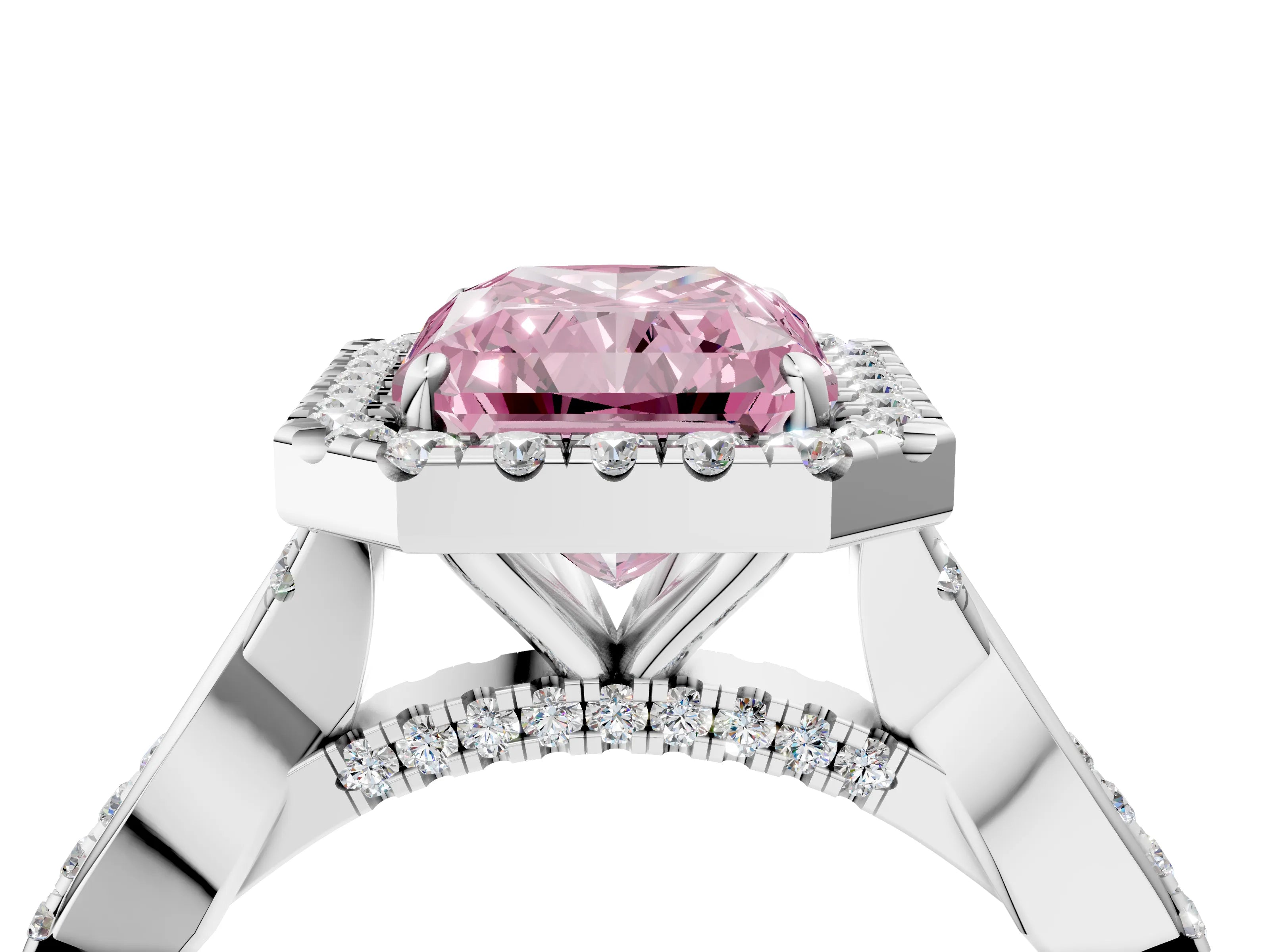 White gold Fancy Pink Radiant Cut Halo Twist Band with Four-Prong Setting_76