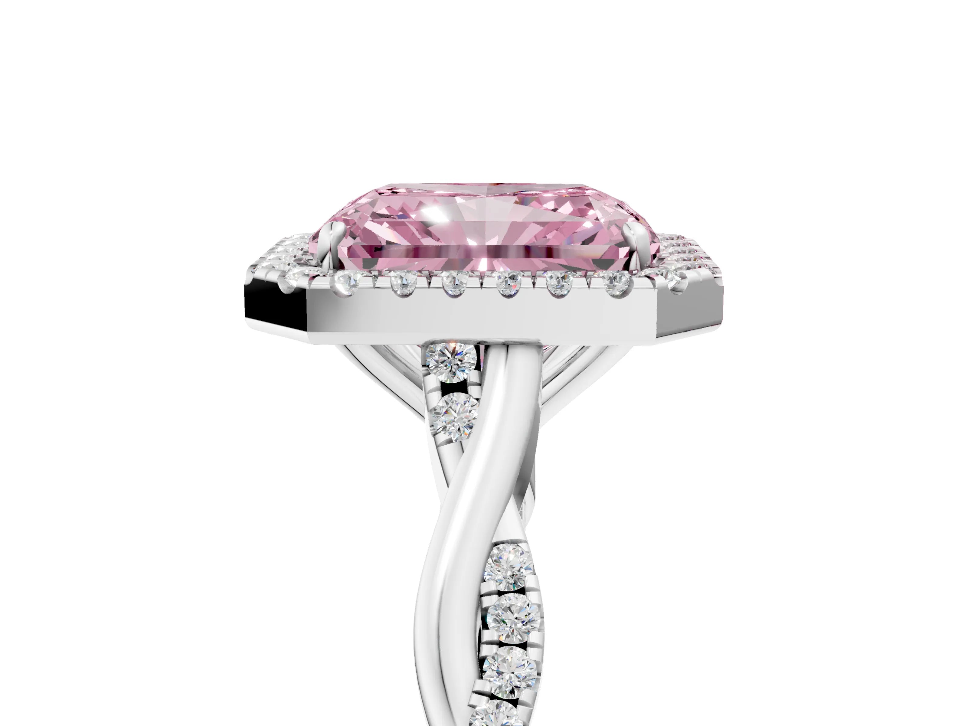 White gold Fancy Pink Radiant Cut Halo Twist Band with Four-Prong Setting_77