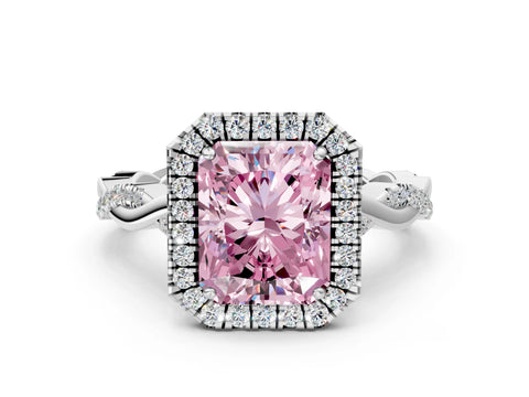 White gold Fancy Pink Radiant Cut Halo Twist Band with Four-Prong Setting