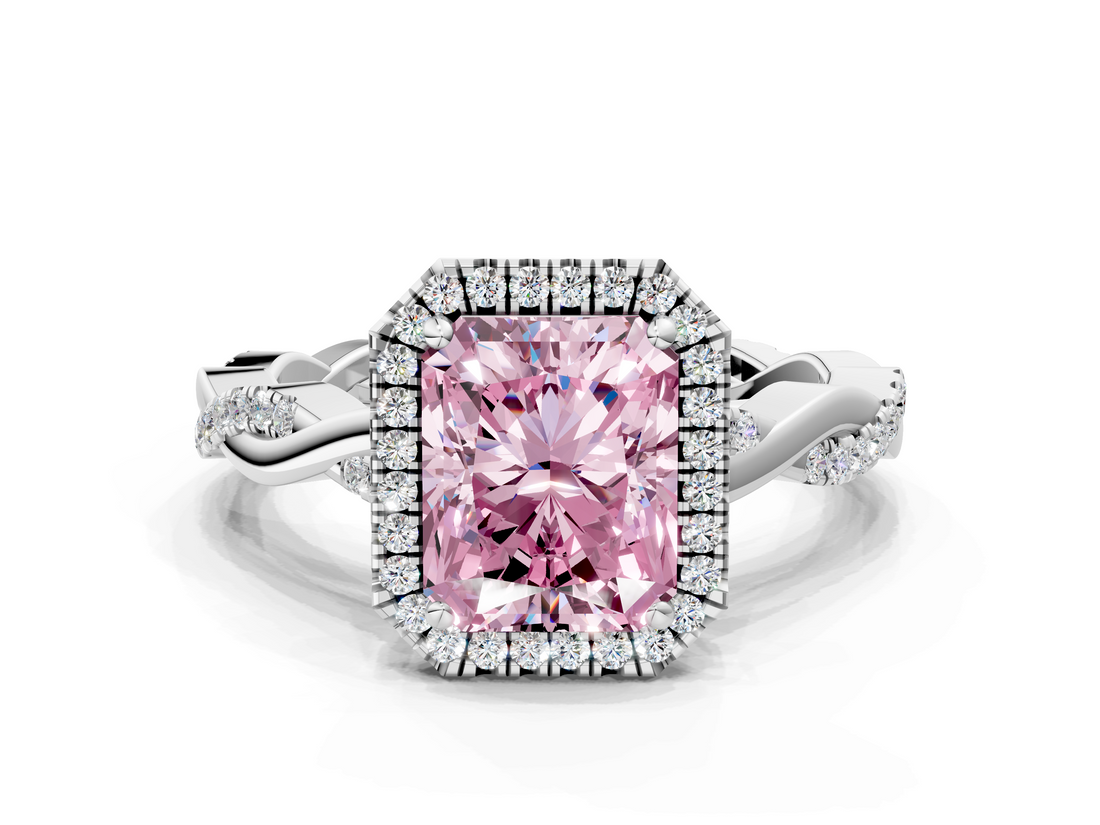 White gold Fancy Pink Radiant  Cut Halo Twisted Band Four-Prong Ring_20