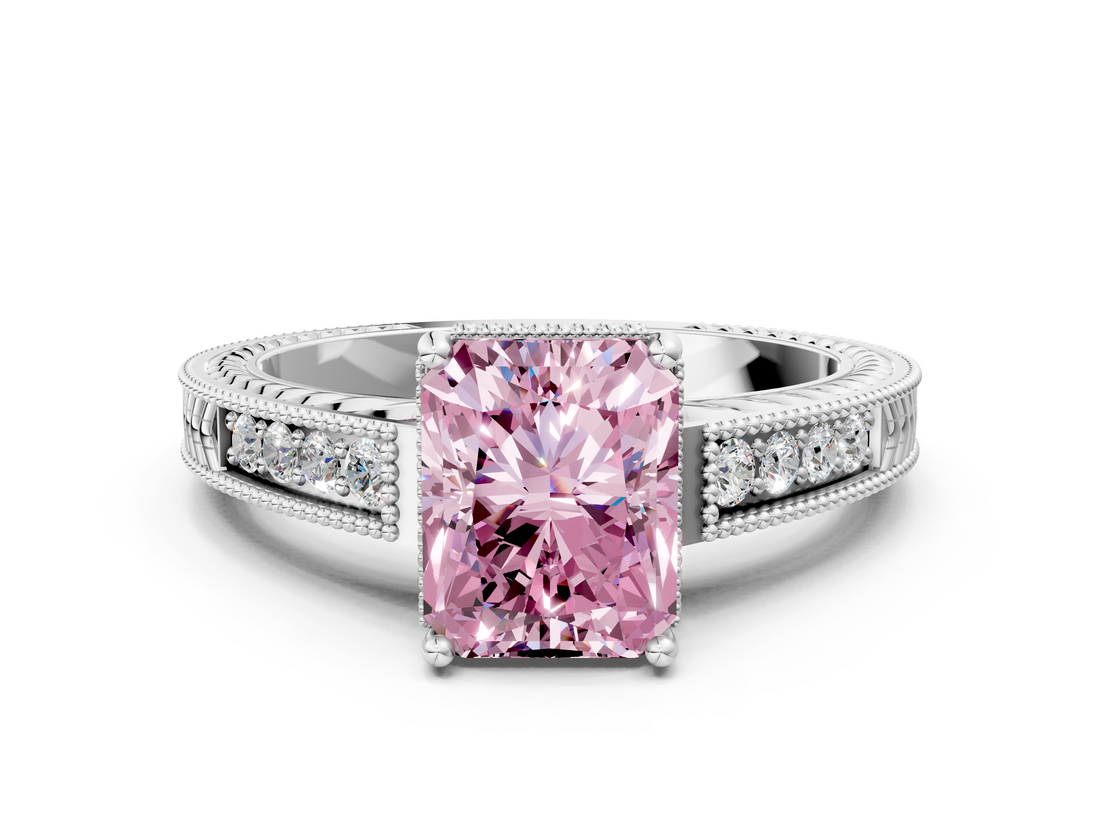 White gold Fancy Pink Radiant  Cut Milgrain Channel Set Engagement Ring with Solitaire Prong Setting_49