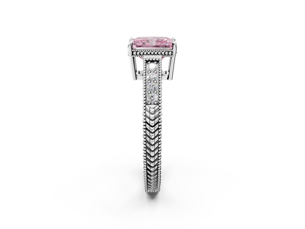 Platinum Fancy Pink Radiant Cut Diamond Engagement Ring with Milgrain Channel Set Band and Prong Setting