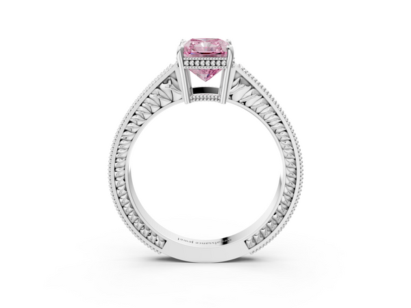 Platinum Fancy Pink Radiant Cut Diamond Engagement Ring with Milgrain Channel Set Band and Prong Setting