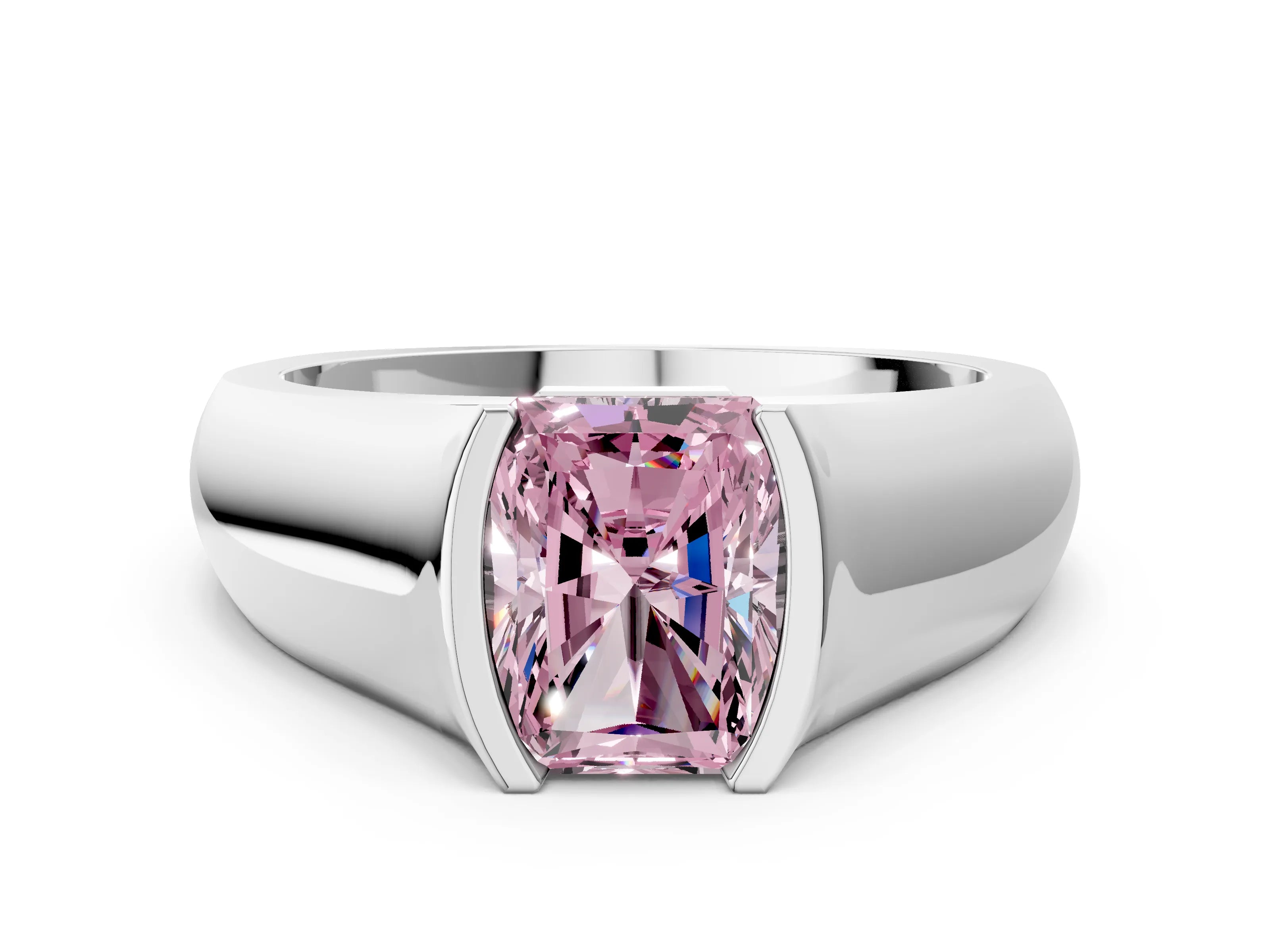 White gold Fancy Pink Radiant Cut Solitaire Bezel Set Diamond Ring with Wide Band_12