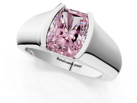 White gold Fancy Pink Radiant Cut Solitaire Bezel Set Diamond Ring with Wide Band_13