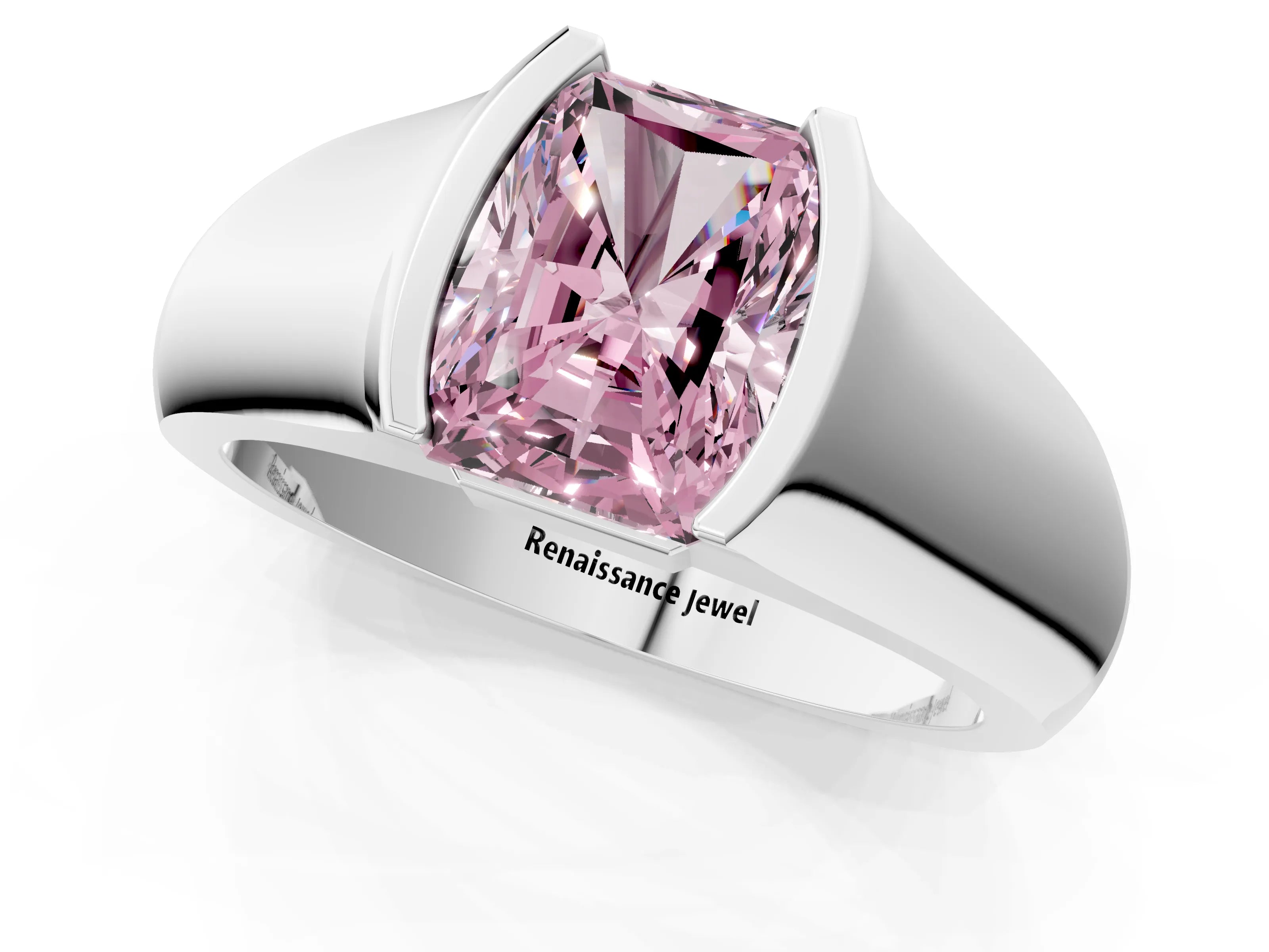 White gold Fancy Pink Radiant Cut Solitaire Bezel Set Diamond Ring with Wide Band_13