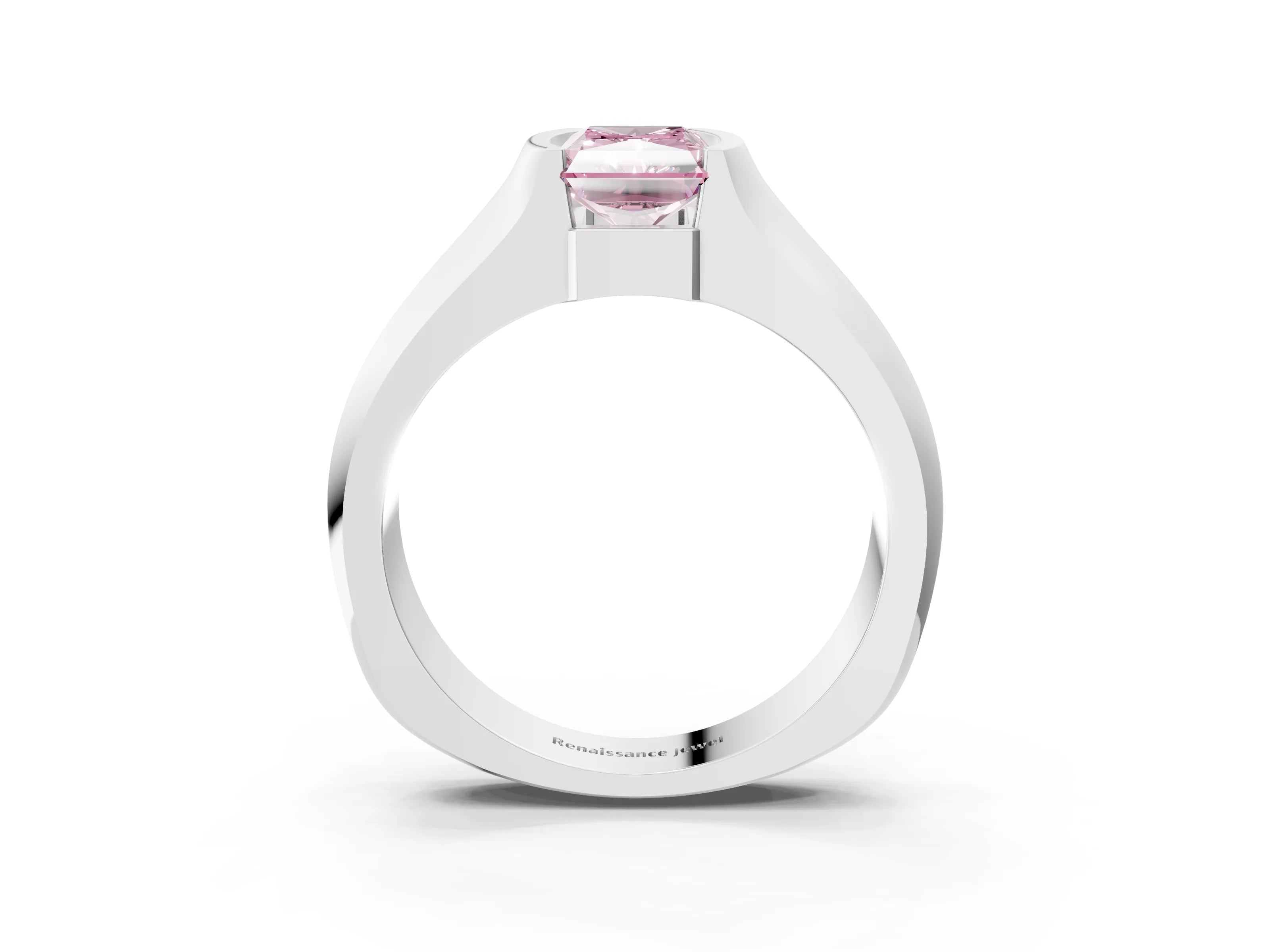 White gold Fancy Pink Radiant Cut Solitaire Bezel Set Diamond Ring with Wide Band_15