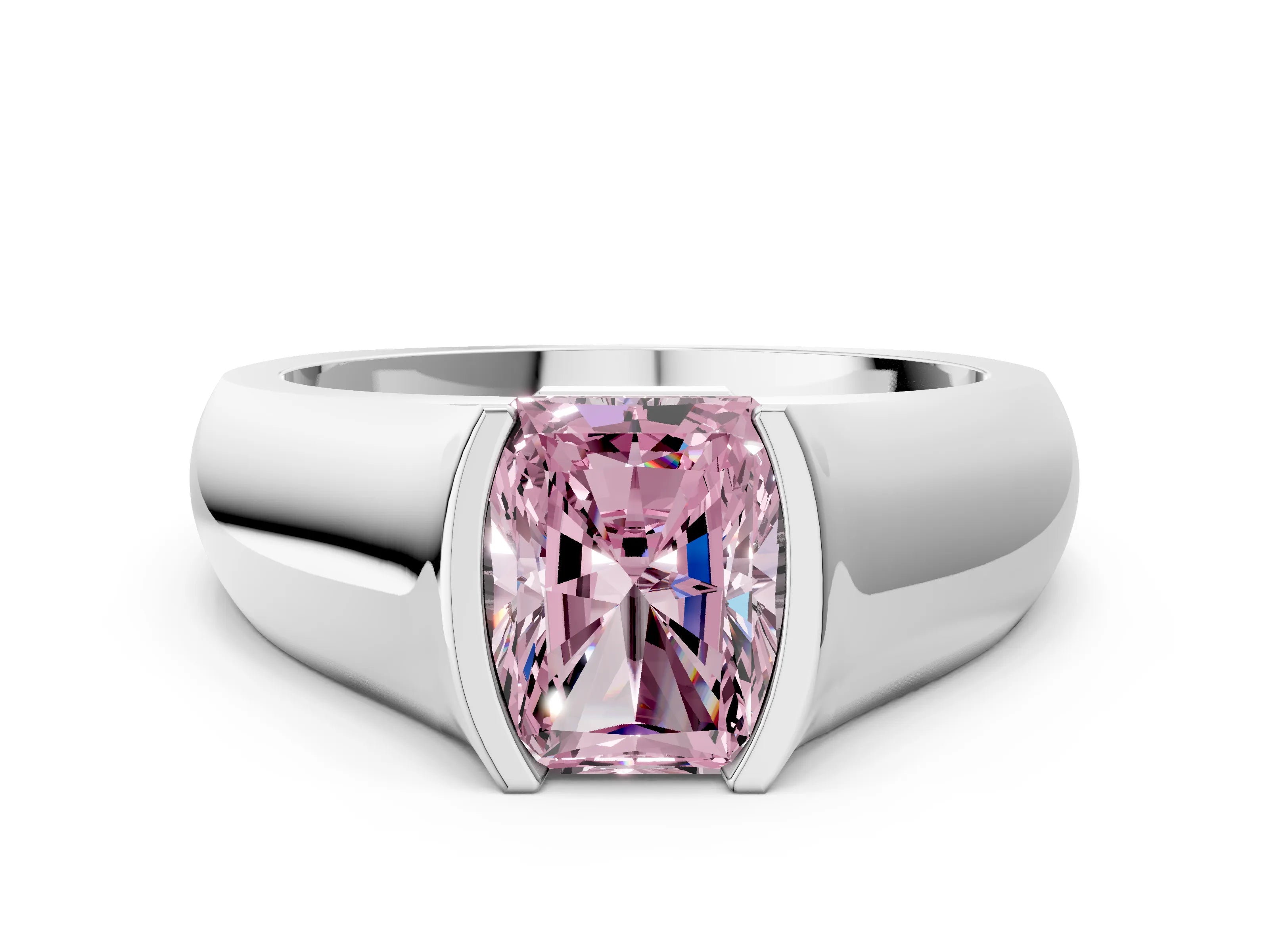 White gold Fancy Pink Radiant Cut Solitaire Bezel Set Diamond Ring with Wide Band