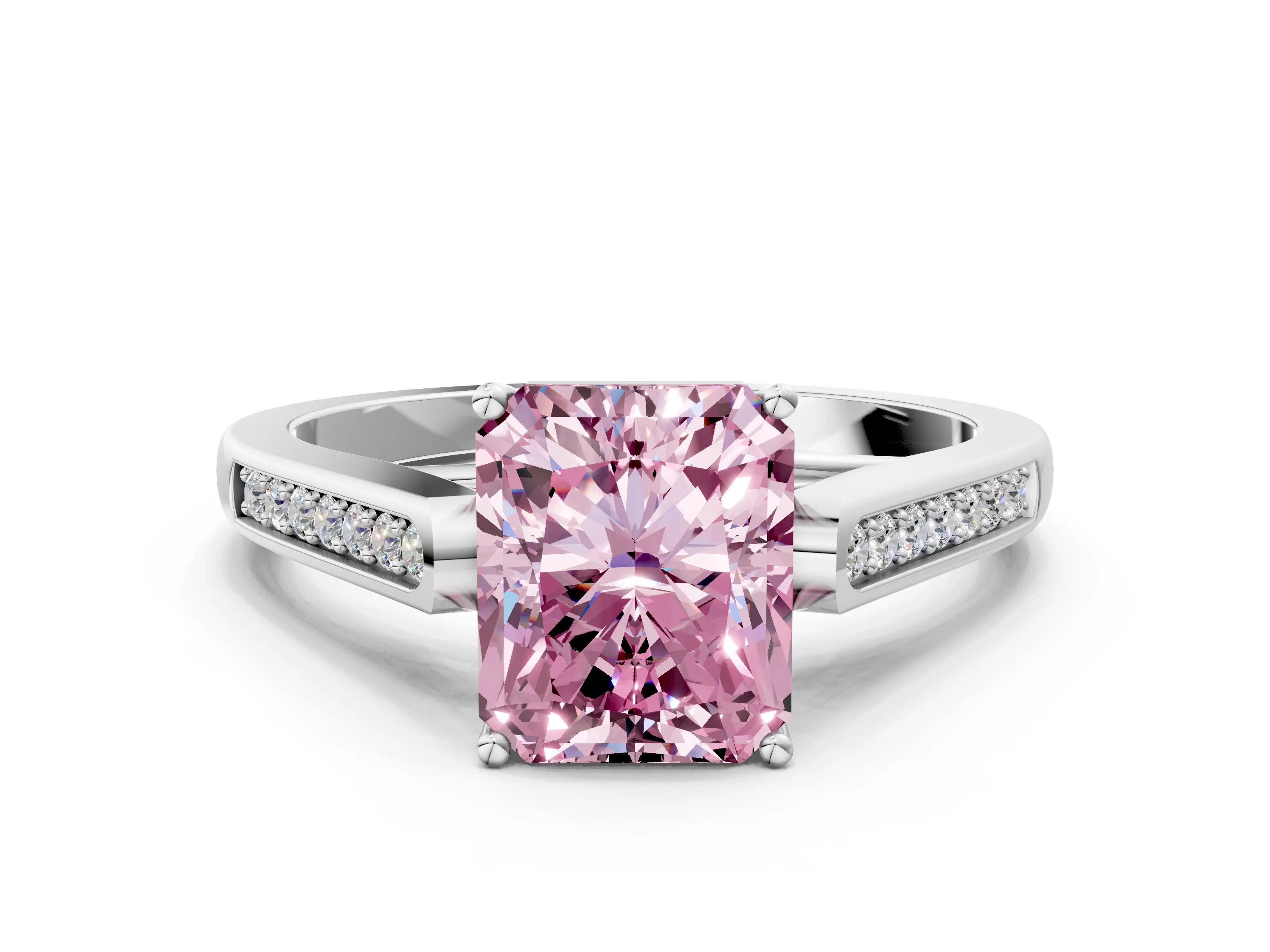 White gold Fancy Pink Radiant Cut Solitaire Cathedral Diamond Engagement Ring with Channel-Set Band and Four-Prong Setting_15