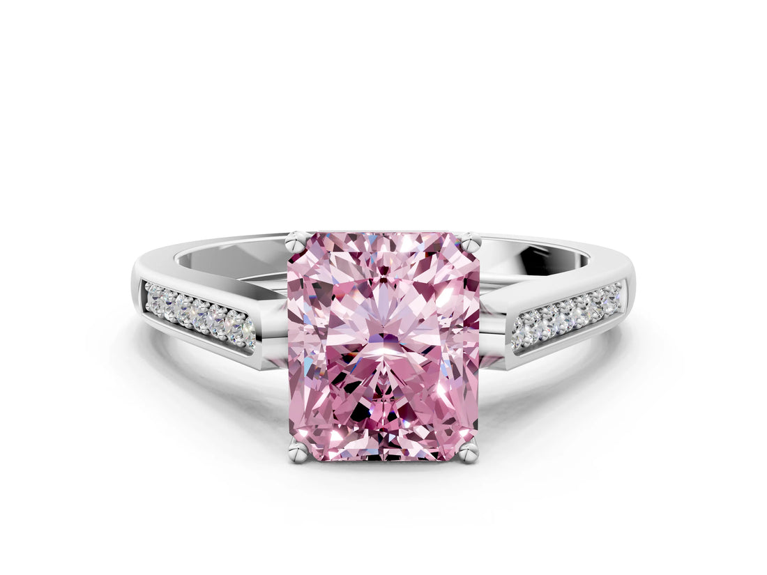 White gold Fancy Pink Radiant Cut Solitaire Cathedral Diamond Engagement Ring with Channel-Set Band and Four-Prong Setting_15