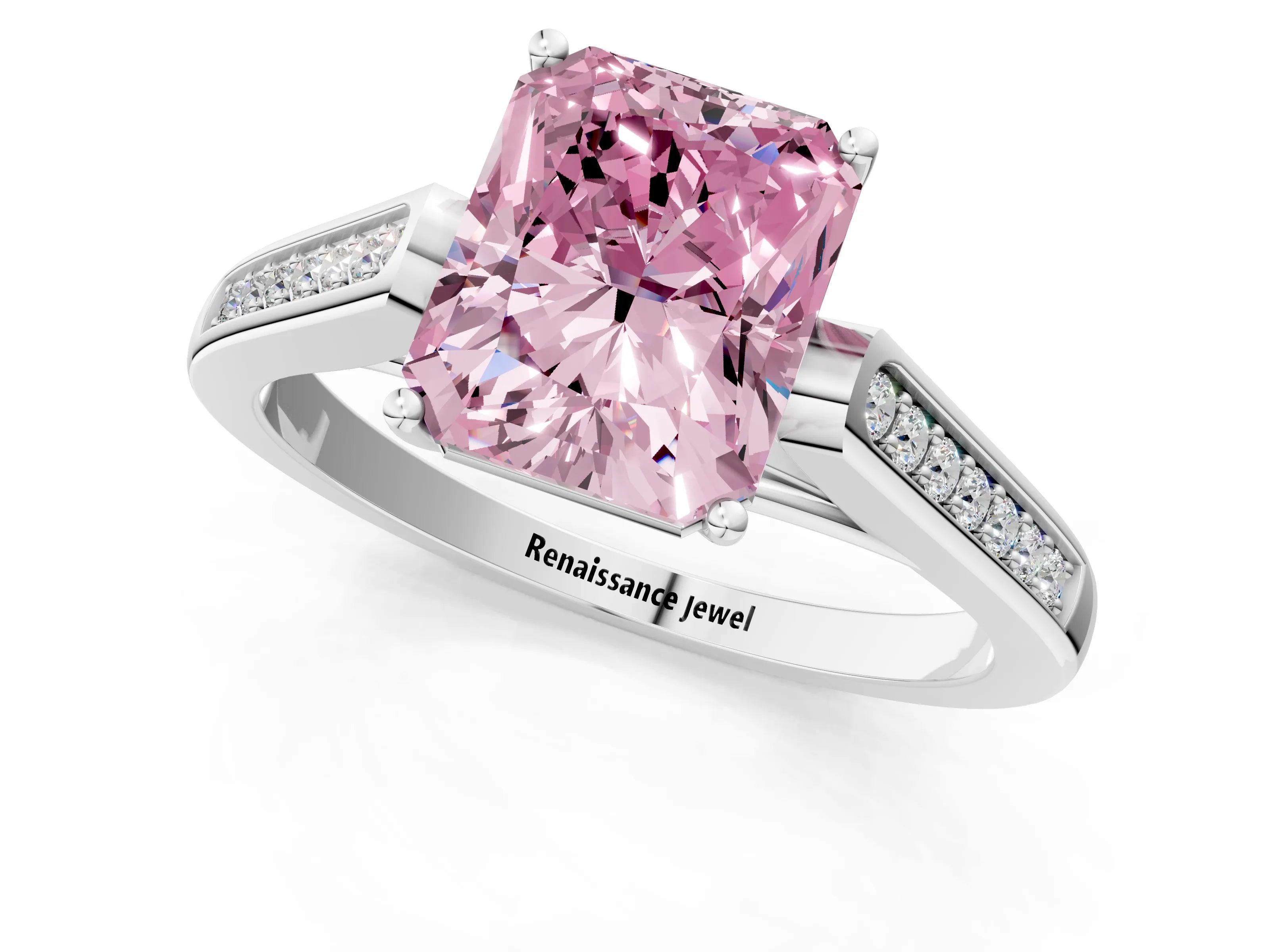 White gold Fancy Pink Radiant Cut Solitaire Cathedral Diamond Engagement Ring with Channel-Set Band and Four-Prong Setting_4