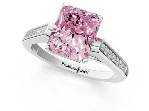 White gold Fancy Pink Radiant Cut Solitaire Cathedral Diamond Engagement Ring with Channel-Set Band and Four-Prong Setting_4