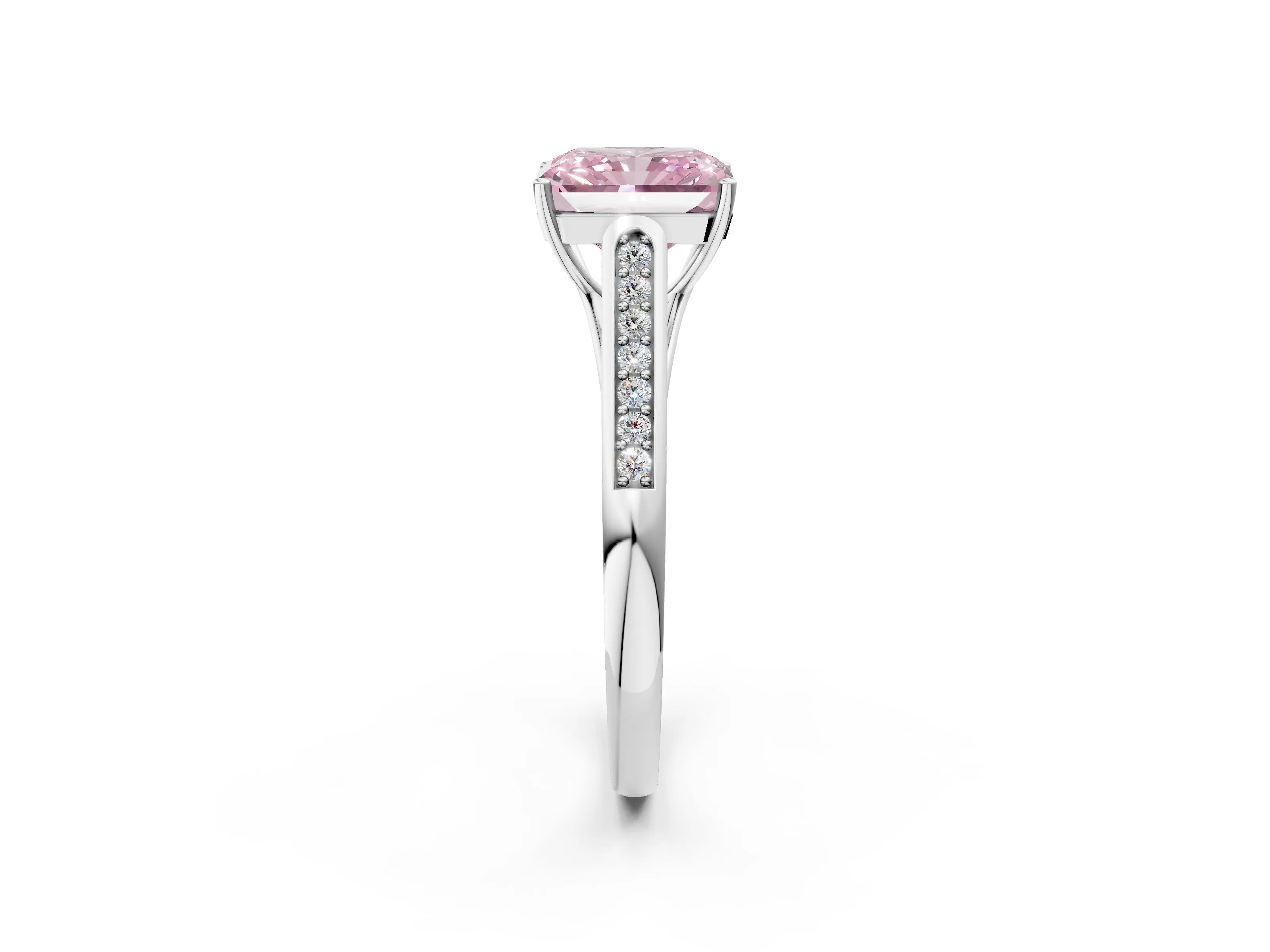 White gold Fancy Pink Radiant Cut Solitaire Cathedral Diamond Engagement Ring with Channel-Set Band and Four-Prong Setting_5
