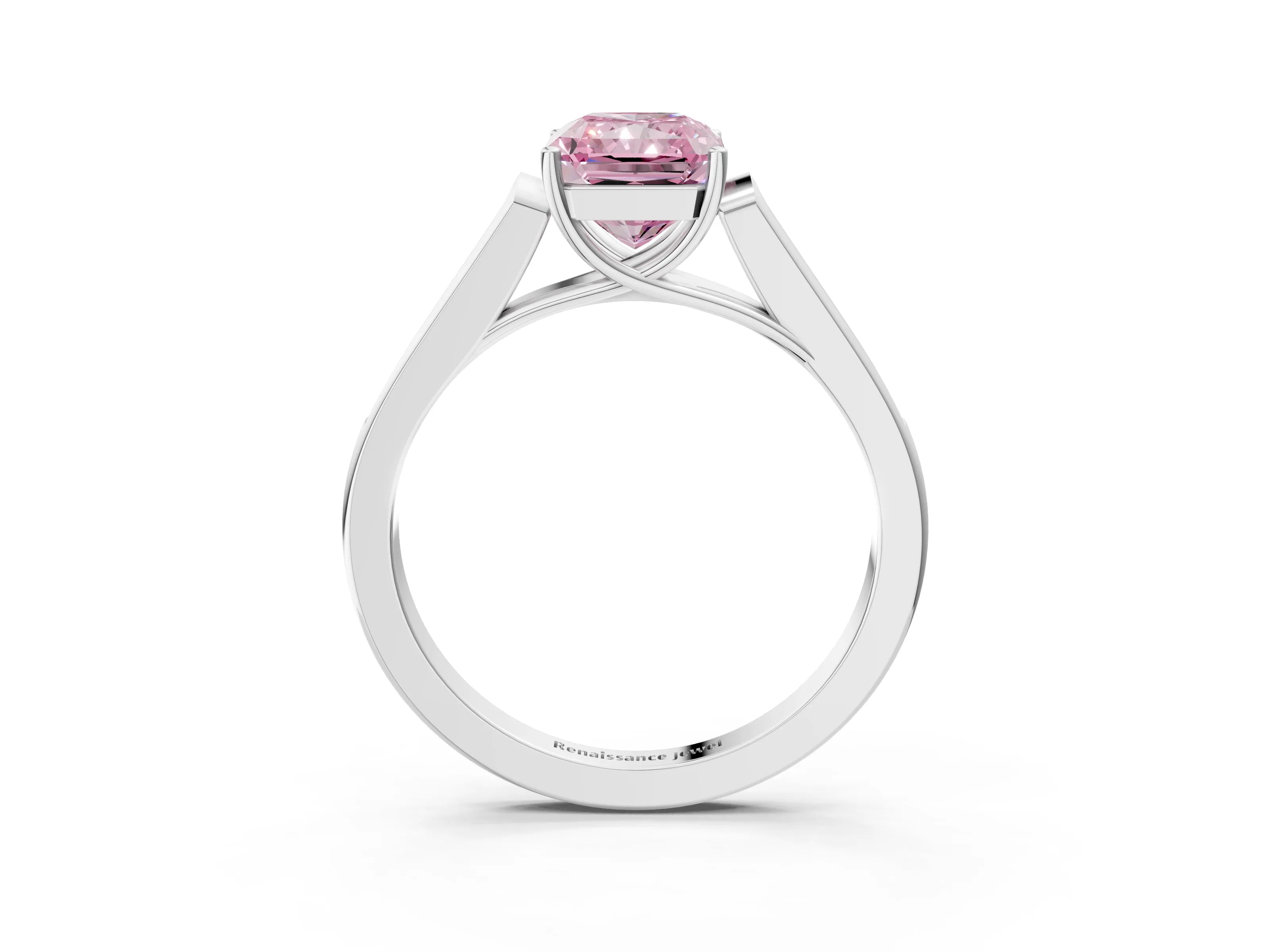 White gold Fancy Pink Radiant Cut Solitaire Cathedral Diamond Engagement Ring with Channel-Set Band and Four-Prong Setting_6