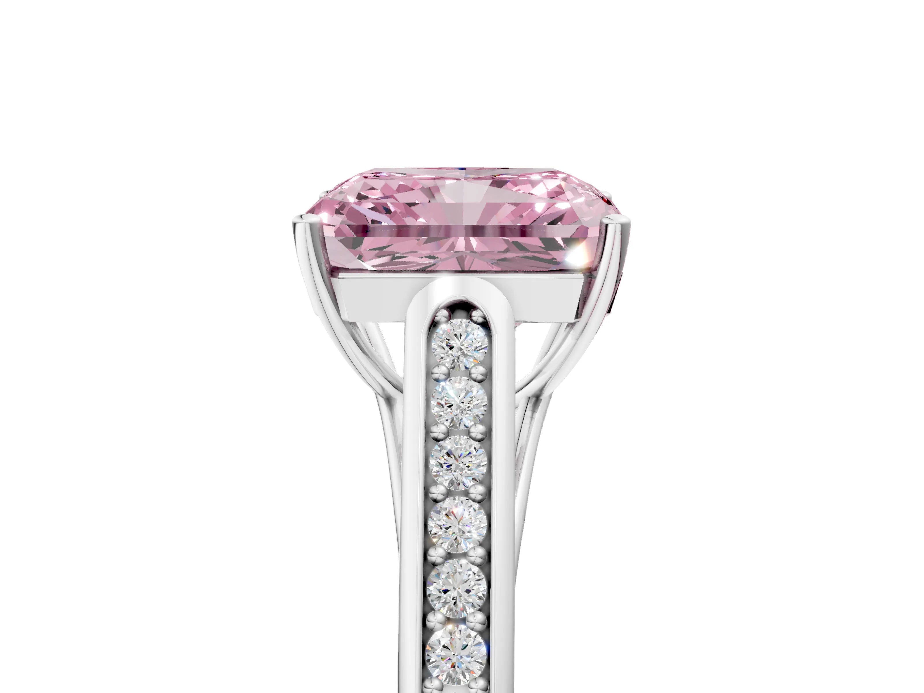 White gold Fancy Pink Radiant Cut Solitaire Cathedral Diamond Engagement Ring with Channel-Set Band and Four-Prong Setting_8