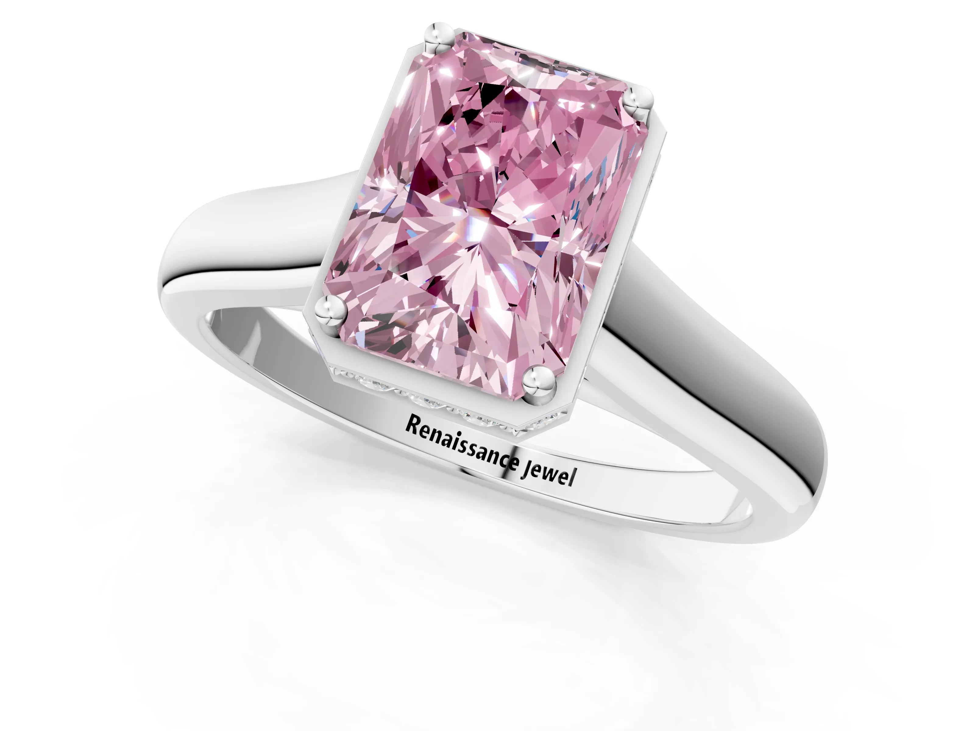 White gold Fancy Pink Radiant Cut Solitaire Diamond Engagement Ring with Four-Prong Setting and Tapered Band_13