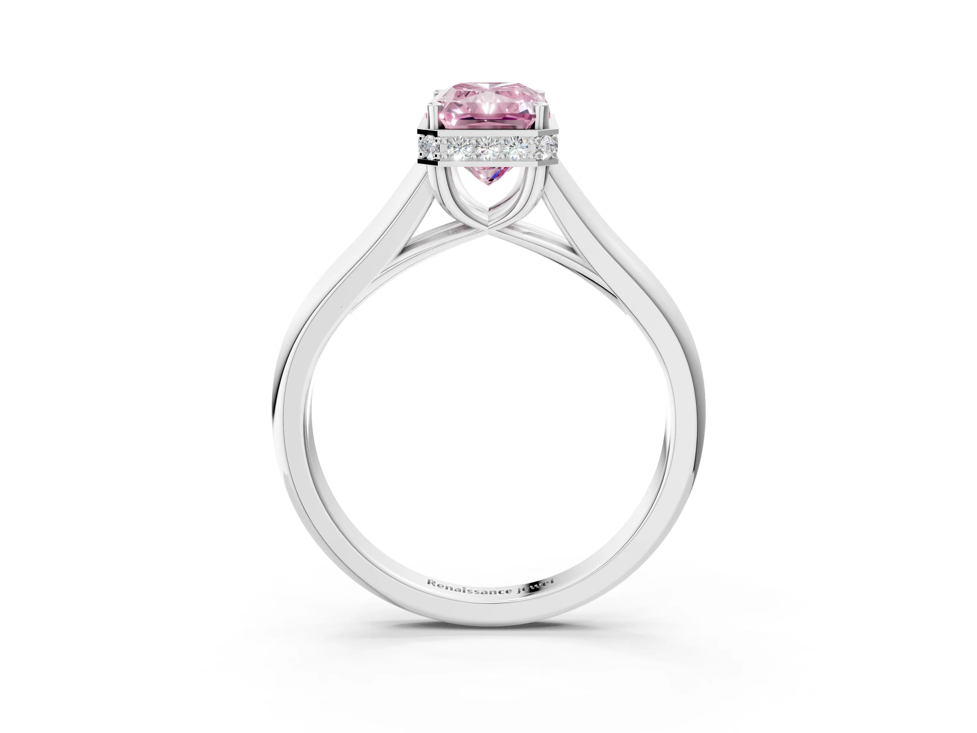 White gold Fancy Pink Radiant Cut Solitaire Diamond Engagement Ring with Four-Prong Setting and Tapered Band_15