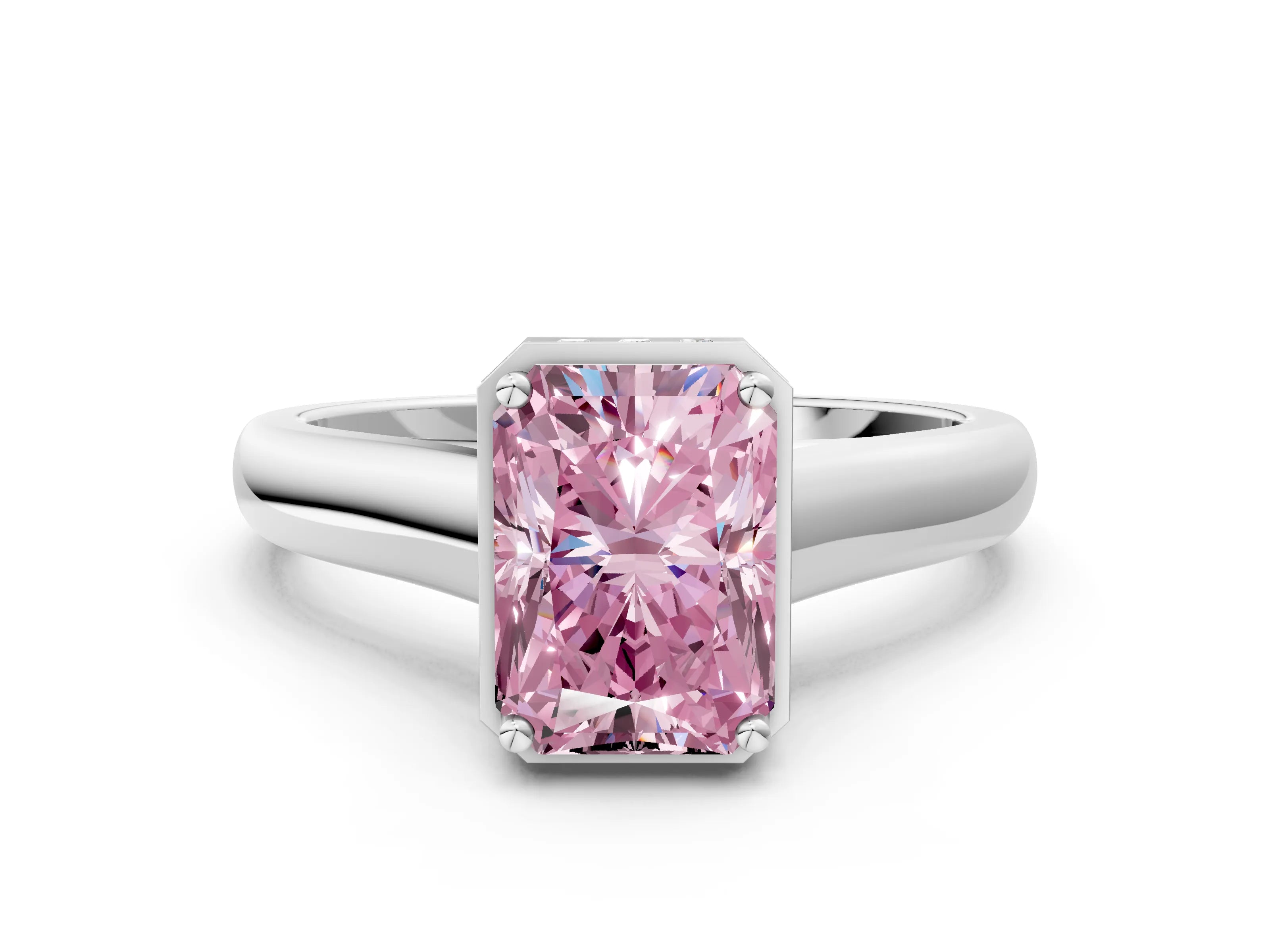 White gold Fancy Pink Radiant Cut Solitaire Diamond Engagement Ring with Four-Prong Setting and Tapered Band
