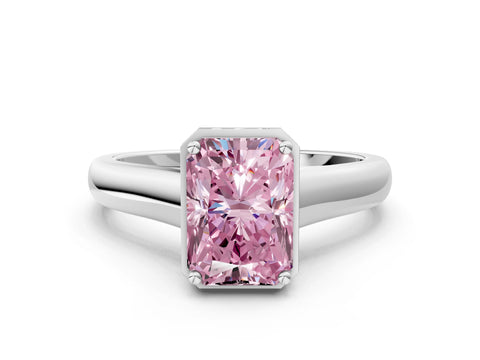 White gold Fancy Pink Radiant Cut Solitaire Diamond Engagement Ring with Four-Prong Setting and Tapered Band