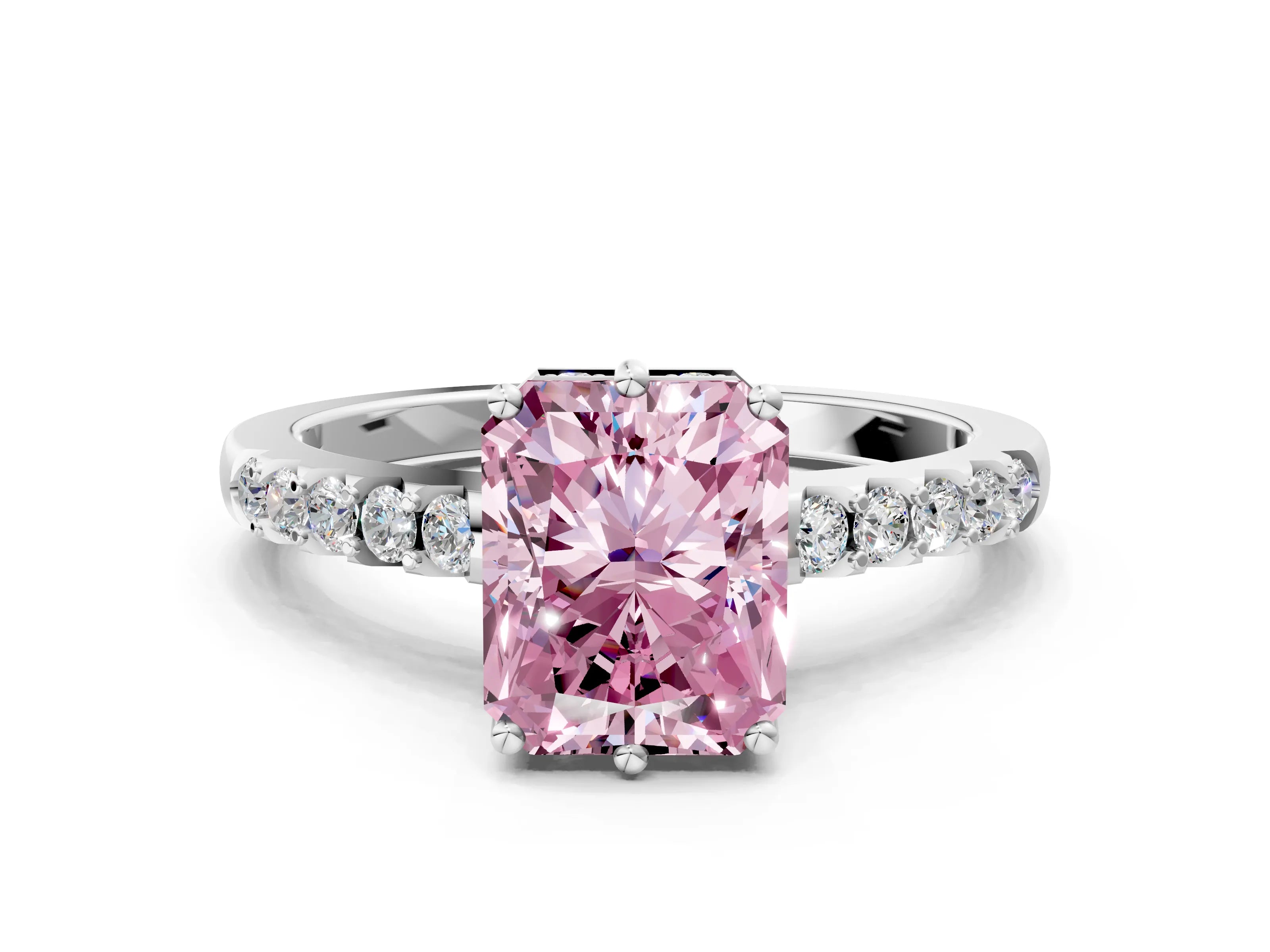 White gold Fancy Pink Radiant Cut Solitaire Diamond Engagement Ring with Pavé Band and Six-Prong Setting_12